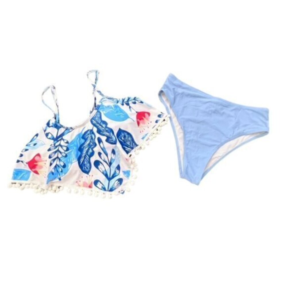 Blue Floral Swimsuit Bikini 2 Piece Size Small Pom Fringe Vacation‎ Beach Pool